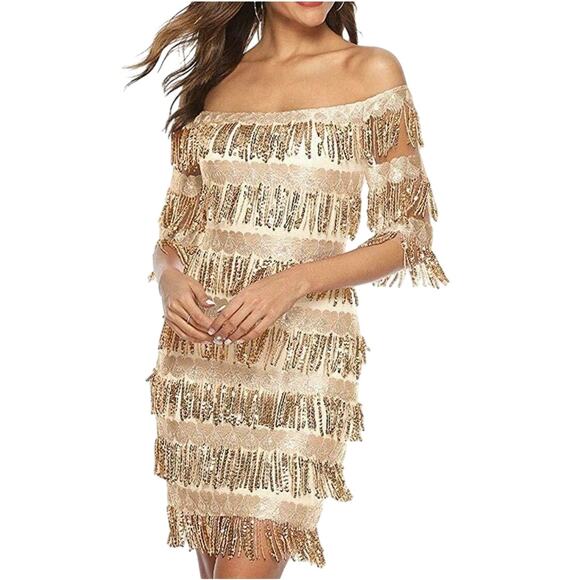 Chartou Off The Shoulder Fringed Sequin Party Style Dress NWT - Picture 1 of 11